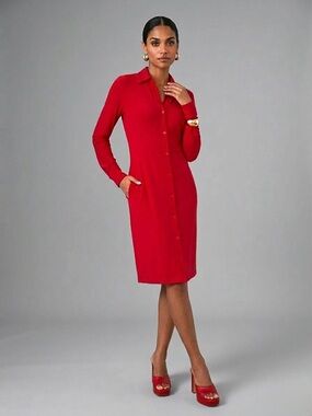 Norma Kamali Red Long-Sleeve Button-Front Shirt Dress Sz XS